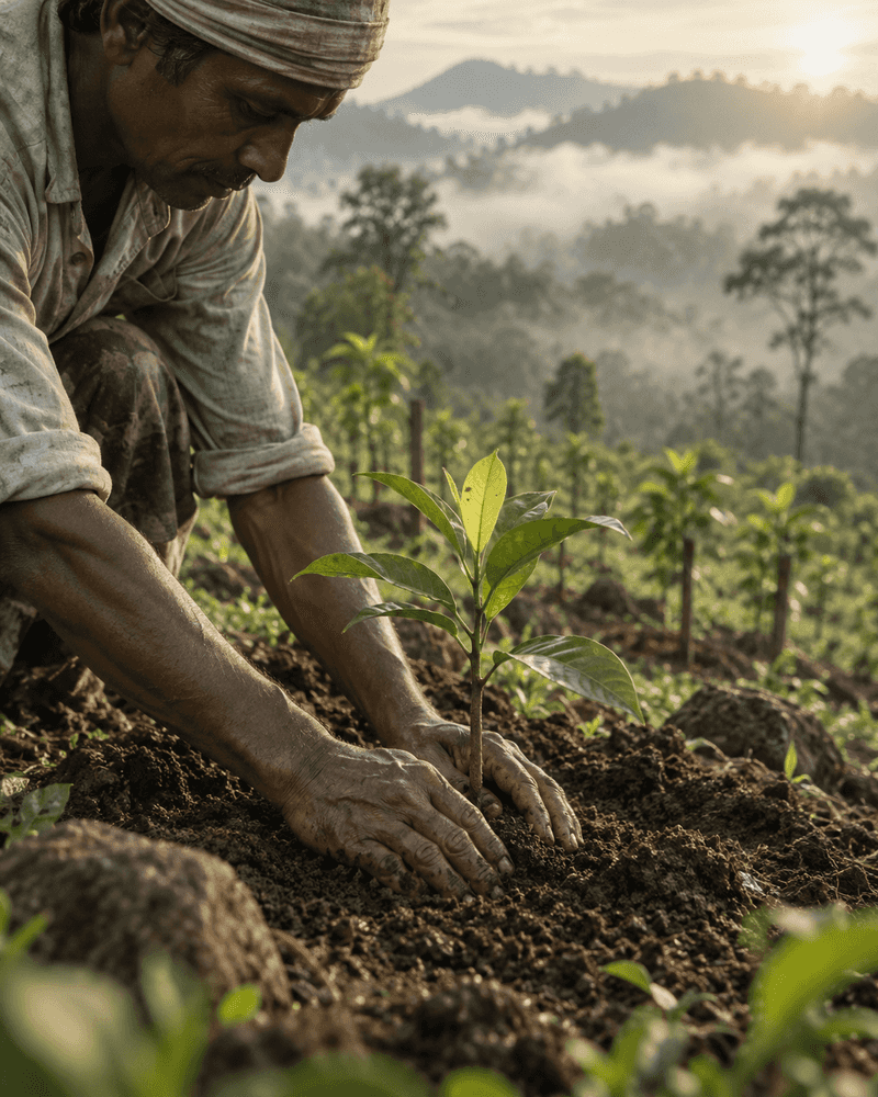 Hands pressing soil around a freshly planted sapling on a misty hillside