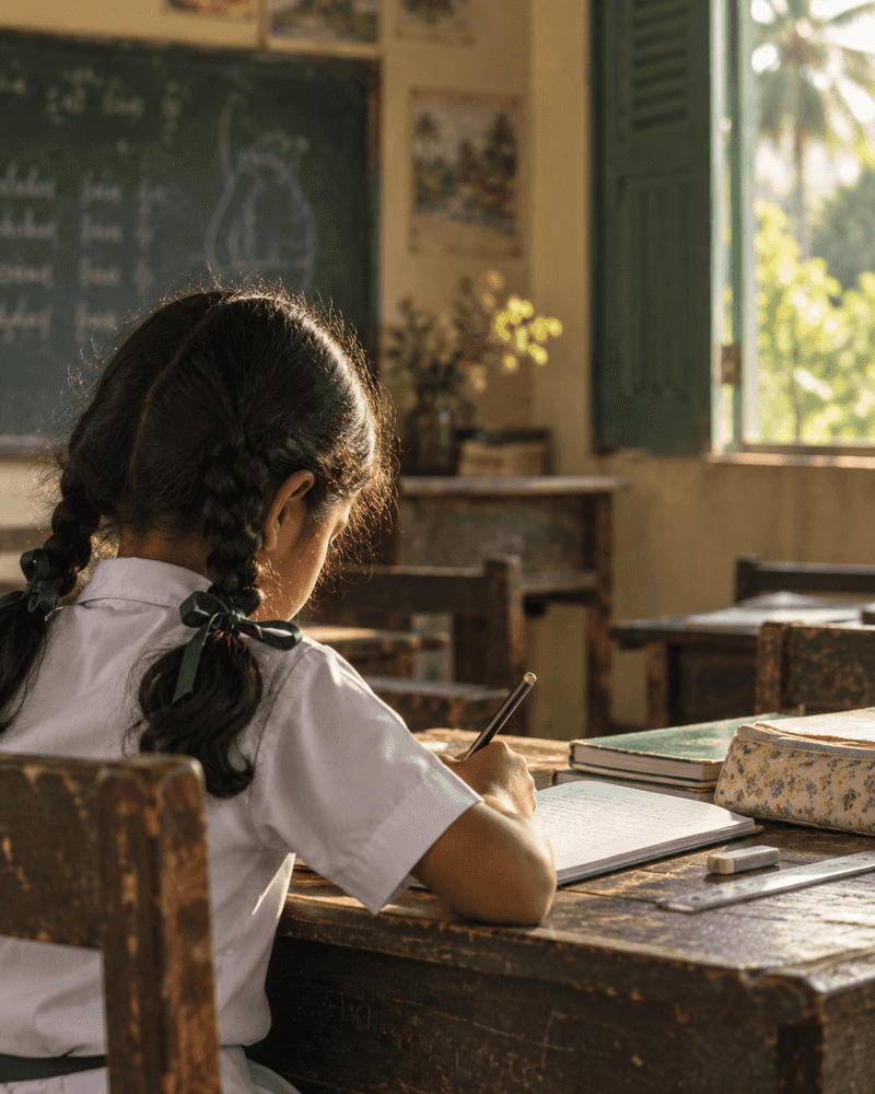A schoolgirl in uniform writing in her exercise book at a wooden desk, seen from behind